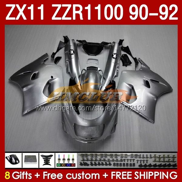 Carénages OEM pour KAWASAKI NINJA ZZR1100 ZX 11 R 11R 1990-1992 Corps 164No.15 ZX-11 R ZZR 1100 CC ZX-11R ZZR-1100 ZX11R 90 91 92 ZX11 R 1990 1991 1992 Kit de carénage brillant argenté