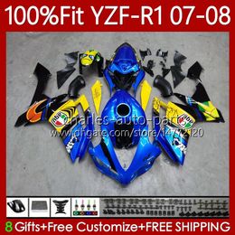 OEM Carrosserie 100% Fit voor Yamaha YZF-R1 YZF1000 YZF R 1 1000 CC 07-08 Moto Body 91NO.168 YZF R1 1000CC YZFR1 07 08 YZF-1000 2007 2008 Injectie Mold Fairing Kit Shark Fish Blue