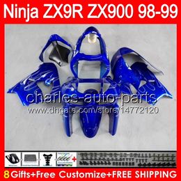 8Gifts Carrosserie voor Gloss Blue Kawasaki ZX9R 98 99 ZX 900 Body 38NO18 ZX 9R 98-99 9 R ZX900 ZX-9R 1998 1999 900cc Blue Black Farling