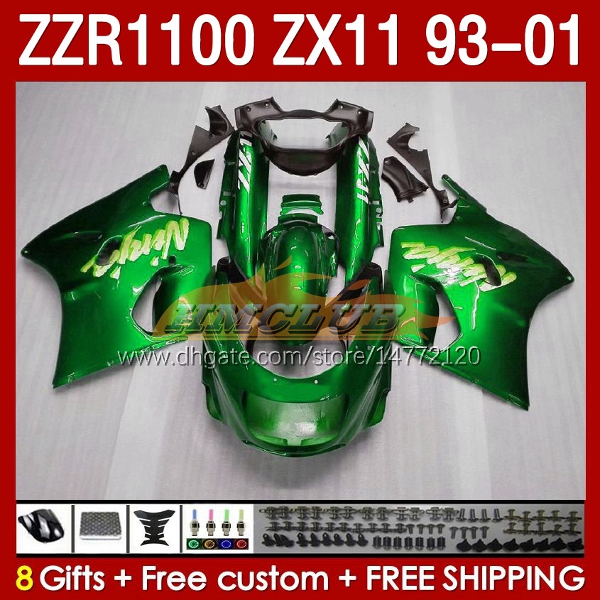 Body for Kawasaki Ninja ZX-11 R ZZR-1100 ZX-11R ZZR1100 ZX 11 R 11R ZX11 R 1993 1994 1995 2000 2001 165NO.129 ZZR 1100 CC ZX11R 93 94 95 96 97 98 99 00 01 Fairing Kit Blossy zielony