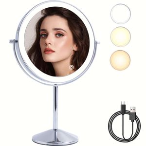Maquillaje inteligente de doble cara de 8 pulgadas, espejo de aumento 1X 10X, espejo giratorio, 54 cuentas LED superbrillantes y tres modos de luz, gran regalo de cumpleaños para mujeres