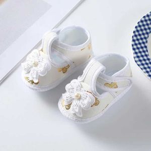 8JS4 First Walkers Baby Shoes Pearl Bow Printed Canvas Cotton Soled Crib Toddlers First Step Baby D240528