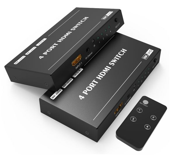 8K 4 puertos HDMI Switch Splitter 4 In 1 Out HDMI 2.1 Switcher 8K 60Hz 4K 144Hz para Switch Fuente múltiple y pantalla Control remoto IR para PS5 PS4 Proyector Computadora portátil TV