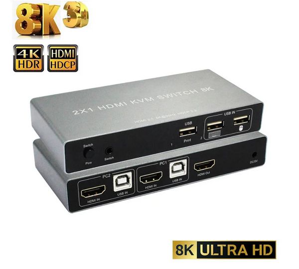 8K 60Hz Switch KVM HDMI KVM 2x1 4K 120Hz HDMI USB KVM Swither Sélecteur 2 en 1 HDR HDCP2.3 Pour 2 PC Partager le clavier de la souris Monitor