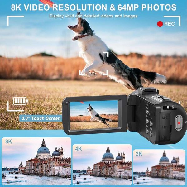 Caméra 8K 64MP avec zoom numérique 18x, WiFi, vision nocturne infrarouge, écran tactile de 30 