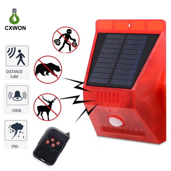 Luz de advertencia Solar de 8LED, Sensor de movimiento infrarrojo, 4 modos de trabajo, luz de Flash estroboscópica, sistema de alarma de seguridad de 129db con control remoto