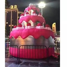 8MH (26 pies) con aniversario de ventilador celebrando pastel de cumpleaños inflable gigante con modelo de pastel de color rosa cereza para la decoración de la fiesta