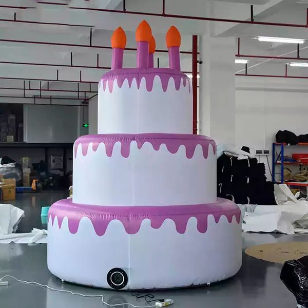 8 mH (26 pies) con soplador al por mayor modelo de pastel de cumpleaños inflable personalizado blanco grande feliz con luces LED para decoración de fiesta