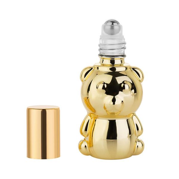 Botella de aceite esencial de vidrio con forma de oso de 8 ml, tapa dorada, botella de Perfume enrollable de Metal, envases cosméticos vacíos de viaje para regalo
