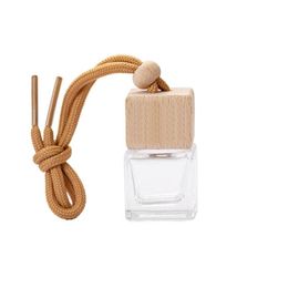 Botellas de perfume de coche de vidrio transparente vacío de 8 ml Botella de ambientador con tapa de rosca de madera Cuerda colgante para decoraciones Lfiii
