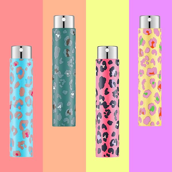 Mini botellas de perfume de 8 ml Botella de rociador de atomizador recargable de viaje portátil con estampado de leopardo vacío para fragancia de Colonia con diseño de giro