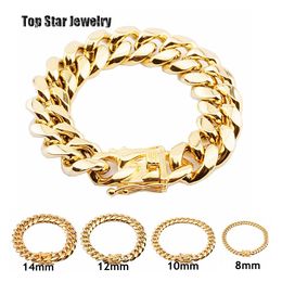 8 mm / 10 mm / 12 mm / 14 mm / 16 mm / 18 mm Bracelets en acier inoxydable Gold plaqué High Polied Miami Cuban Link Men Punk Curb Chain Butterfly fermoir