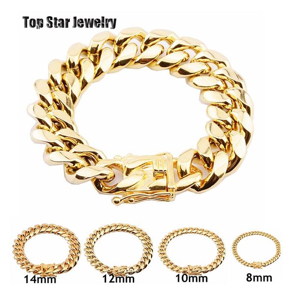 8mm/10mm/12mm/14mm/16mm/18mm Bracelets En Acier Inoxydable Plaqué Or 18K Haute Poli Miami Cubain Lien Hommes Punk Gourmette Chaîne Fermoir Papillon