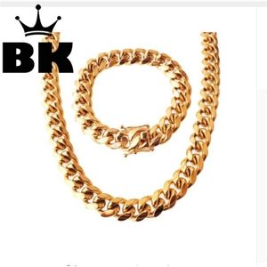 8mm / 10mm / 12mm / 14mm Stainlteel Cubaanse link ketting hiphop punk zwaar goud zilverkleurige Cubaanse ketting en armband set X0509