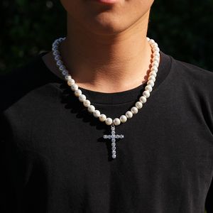 Collier de perles croisées simples pour hommes et femmes, 8MM, 10MM, Hop Hop, tendance, chaîne de rappeur, pendentif, accessoires, bijoux unisexes