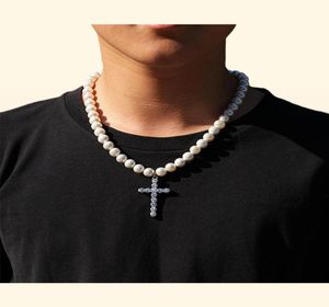 8 mm 10 mm eenvoudige kruis parel ketting voor mannen hop hop vrouwen trendy rapper chians kettingen hangers accessoires unisex sieraden240q5349922