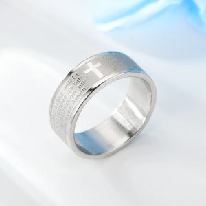 Bague de prière des seigneurs en or blanc 8mm 14K, avec lettres anglaises, croix de la Bible pour hommes et femmes, bijoux chrétiens de jésus