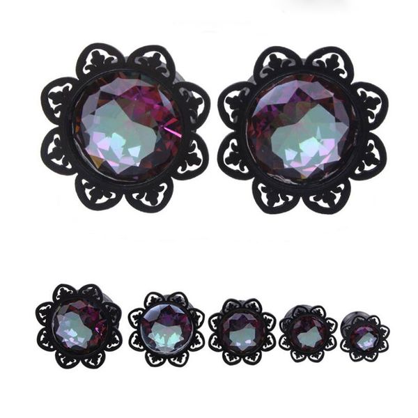 Wholesale Tapones de oreja de diamante negro y túneles Flower Ear Ear Expander Tachuelas de piercing de cuerpo anti-alergia para hombre y mujer