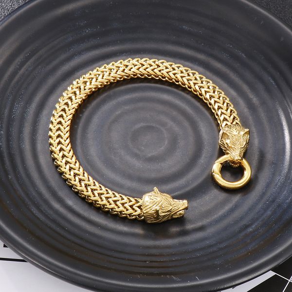 8mm 8'' Gold Figaro Link Chain acero inoxidable Gothic Double Wolf End Bracelet