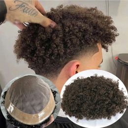 8mm Afro Toupetje Man Weave Unit Zwart Heren Kinky Krullend 100 Menselijk haar Afro-Amerikaanse pruiken voor mannen Mono Kant met PU rond 231226