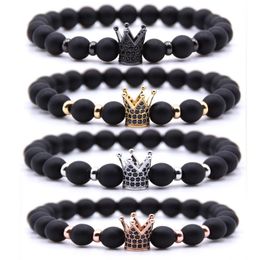 8mm Perles Charmes Pierre Naturelle Bracelets Zircone Couronne Stretch Mode Bracelet Chakra Yoga Énergie Bracelets Unisexe Bijoux 4 Couleurs