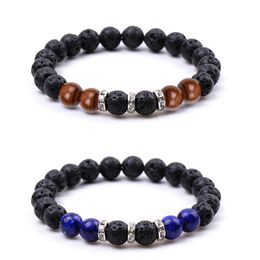 8MM Zwart Lava Gekleurde Blauwe Steen Armband Tijgeroog Kralen Paar Armband voor Vrouwen Mannen Bulk