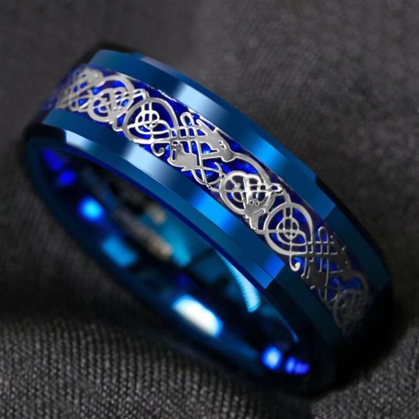 Anillo de carburo de tungsteno azul de 8 mm, anillo de fibra de carbono con dragón celta plateado, anillo de boda para hombre, tamaño 6-13301E