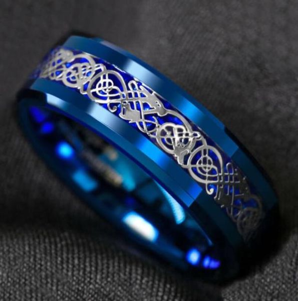 Anillo de carburo de tungsteno azul de 8 mm, anillo de fibra de carbono con dragón celta plateado, anillo de boda para hombre, tamaño 6134210539