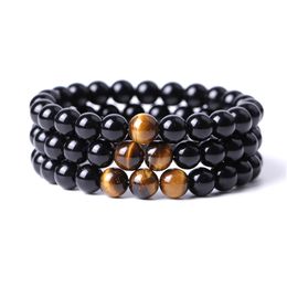 Bracelet élastique en pierre naturelle noire brillante, 8mm, œil de tigre, pour femmes et hommes, bijoux de Couple