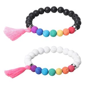 8 mm colorido perfume volcánico lava piedra cuentas hebras pulsera aceite esencial difusor pulseras cuentas de acero inoxidable borla joyería de moda