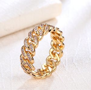 8mm Cubain Link Chain Ring 18K Gold Plated Bling CZ Simulé Diamant Hip Hop Anneau pour Hommes Femmes