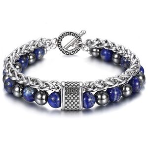 8MM Double Couches Pierre Perlé Bracelet pour Hommes Garçons Lapis Lazuli Hemitate Métal Pierre De Lave Chaîne De Câble En Acier Inoxydable TBX00109 Y200730