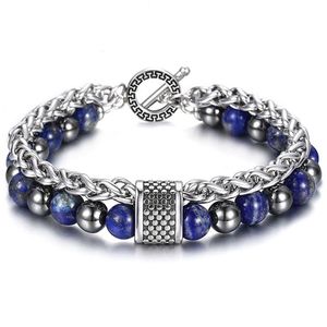 Bracelet de perles en pierre double couche de 8 mm pour hommes garçons Lapis Lazuli Hémitate Métal Pierre de lave Chaîne de câble en acier inoxydable TBX00109 Y309c