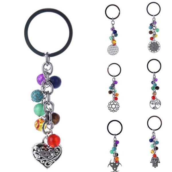 8 mm Mode Yoga guérison Keyring Multicolor Chakra pierre naturelle 7 Priez Car Keychain Porte-clés Bague arbre de vie hibou main pendentif coeur pour le sac