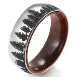 Anillo de paisaje de abetos de 8mm, anillo de boda de madera con cúpula para hombre, caza de palisandro, compromiso puro 240125
