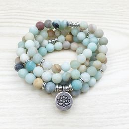 8mm Frosted Matte Amazoniet Armband 108 Prayer Beads Lotus OM Pols Man 108 Amazonite Mala Kralen Armbanden