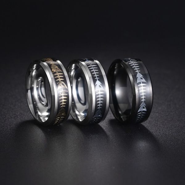 Bague en os de poisson doré de 8mm, anneaux en acier inoxydable pour hommes, bijoux Hip Hop