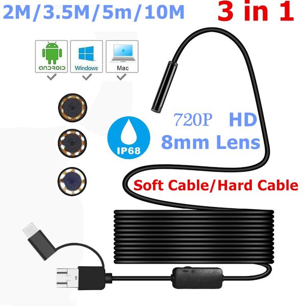 Mini cámara endoscópica HD de 8 mm, USB, impermeable, 1-10 m, cable suave y duro, cámara de boroscopio de inspección de tubo de serpiente para teléfono inteligente Android, computadora portátil, computadora portátil, 6 LED