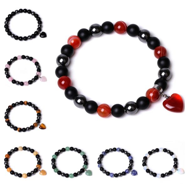 8 mm hématite perles noires en pierre naturelle rose quartz topaze tiger œil agate coeur charmes bracelet hommes femmes yoga guérison équilibre bracelet