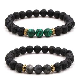 Pulseras de malaquita labradorita de piedra natural con cuentas de roca de Lava de 8mm para hombres y mujeres pulsera difusora de aceites esenciales