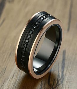 Band de mariage de luxe 8 mm Ring en carbure de tungstène noir CZ Zircon Stone Rose Gold Side Men Eternity Super Jewelry1864941