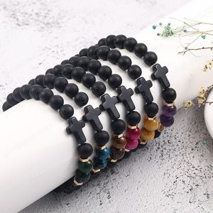 8mm Men Bracelet Fashion Black Matte Stone Cross Charm Stretch Rope Friendship Bracelets Prayer Beads Yoga Jewelry Wholesale