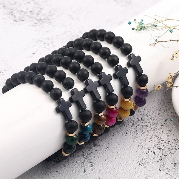 Bracelet en pierre noire mate pour hommes, 8mm, breloque croisée, corde extensible, Bracelets d'amitié, perles de prière, bijoux de Yoga, vente en gros