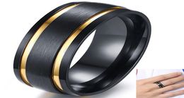 8MM Men039s Geborsteld Zwart Trouwringen Ring Stijlvolle Gold Tone Dubbele Gegroefde Mannelijke Jongen Vinger Ringen Gift Comfort Fit4785804