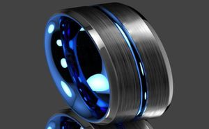 8 mm Men039S Fashion Black Tungsten Carbide Ring Blue Groove Engagement Band de mariage SING