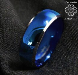 8mm Men039S Tungsten Ring Blue Domed met afgeschuinde zilveren randen trouwringen Y190522013847311
