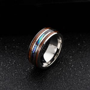 8mm hommes bandes de mariage incrusté hawaïen Koa bois anneaux et coquille d'ormeau titane acier bague doigt pour femmes hommes bijoux de mode volonté et sable