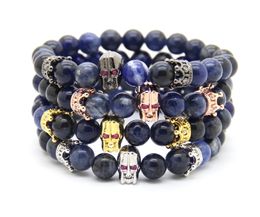 8mm natuurlijke blauwe aders steen met micro pave cz spartan krijger schedel kroon bedels armband, mannen helm sieraden armbanden