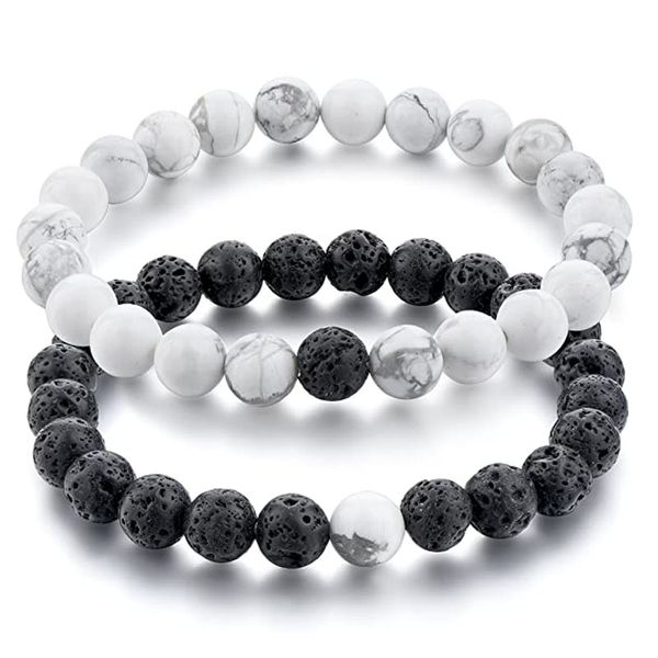 8MM pierre de lave naturelle Couple Bracelets hommes femmes perles de roche volcanique Bracelet blanc Howlite pierre amoureux Distance Bracelet ensemble bijoux cadeau