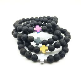 Cuentas de oración de piedra de Lava Natural de 8mm, pulseras de abalorios, antifatiga, Cruz de plata, roca volcánica, joyería difusora para hombres y mujeres